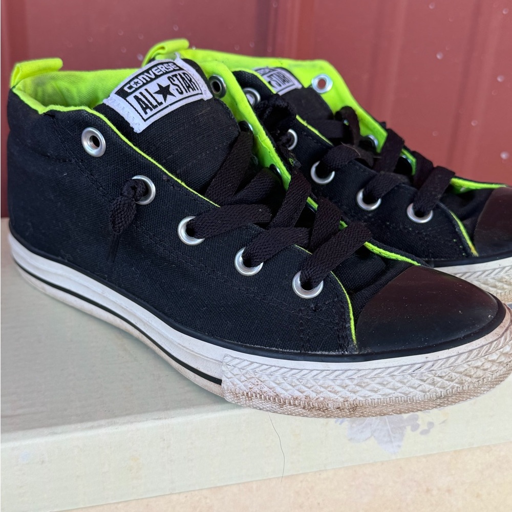 Converse Mens Black High-Top Sneakers with Neon Green Accents